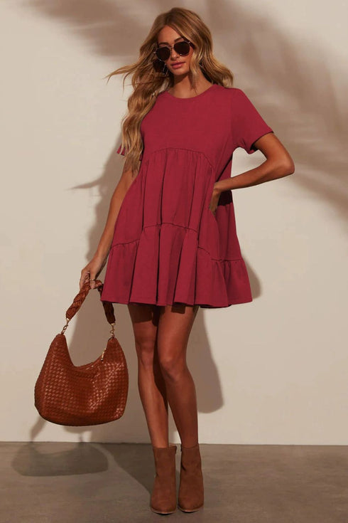 Tiered Round Neck Short Sleeve Mini Dress - Odaingerous